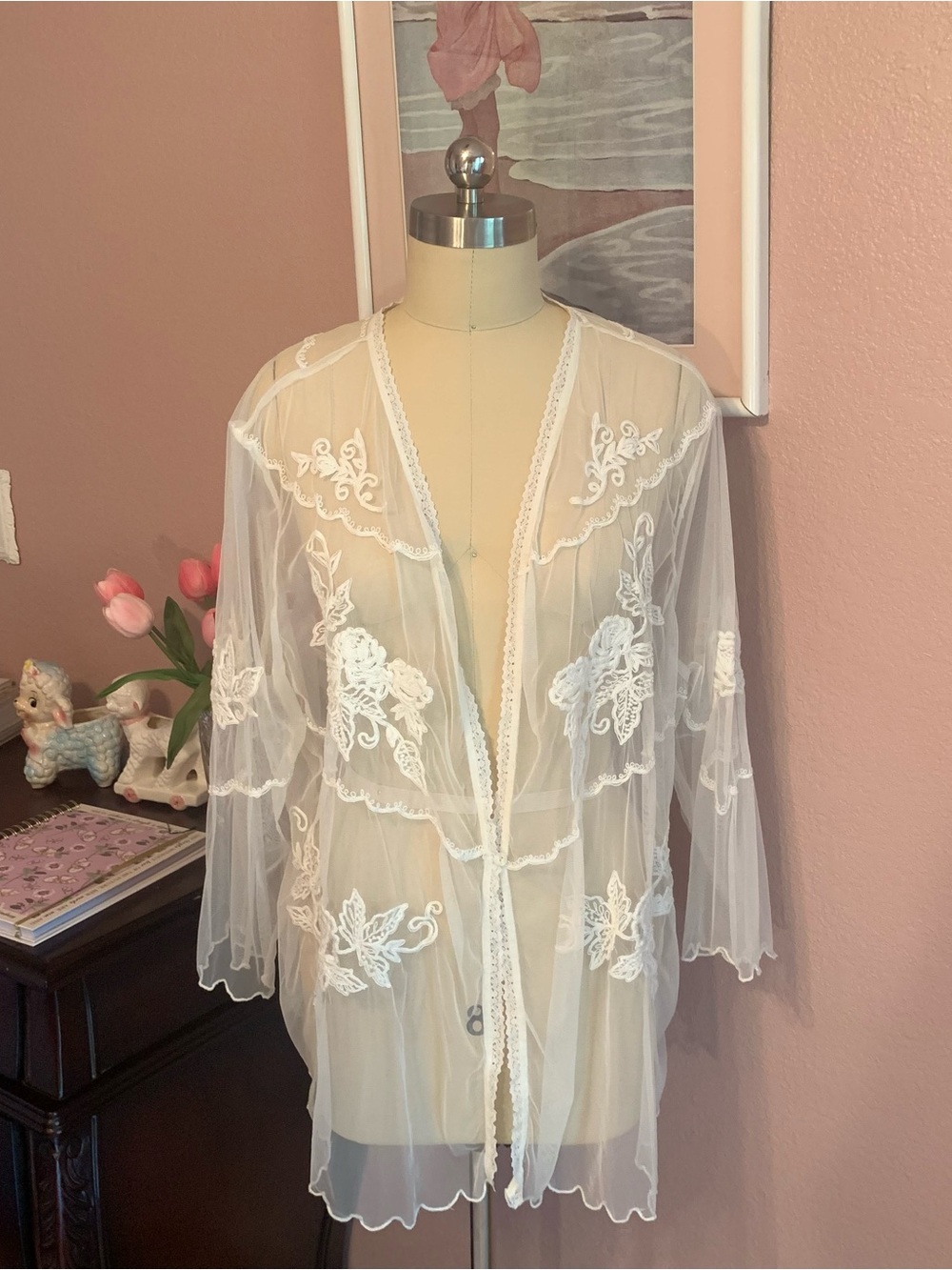 APRIL CORNELL Sheer White Embroidered Lace Kimono Robe - Women Intimates